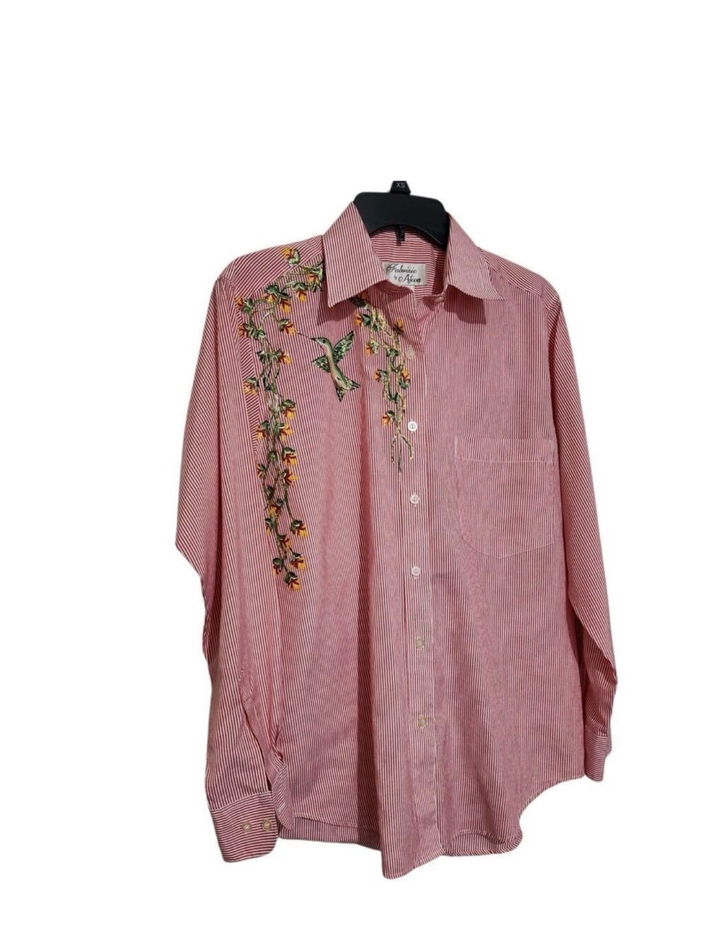 Fabrizio By Afiva Shirt Size Small Pink Striped with Bird and floral design